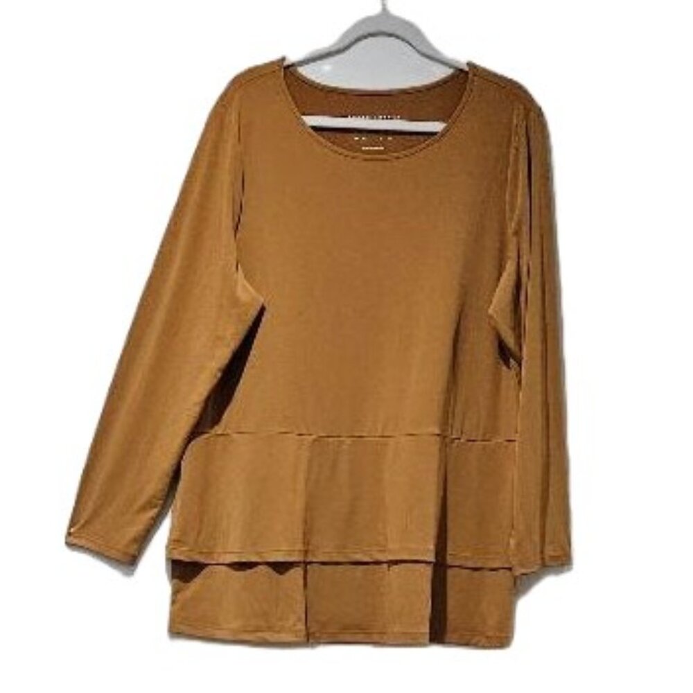 SUSAN GRAVER MUSTARD GOLD LAYERED HEM TUNIC TOP 1X FALL BUSINESS CASUAL